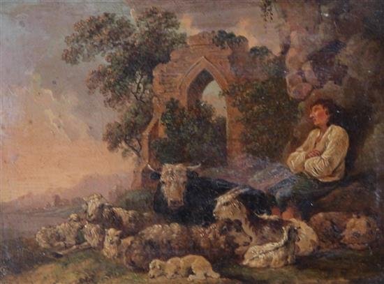 19th century Continental School Shepherd and cattle drovers in a landscape 6 x 8.25in.